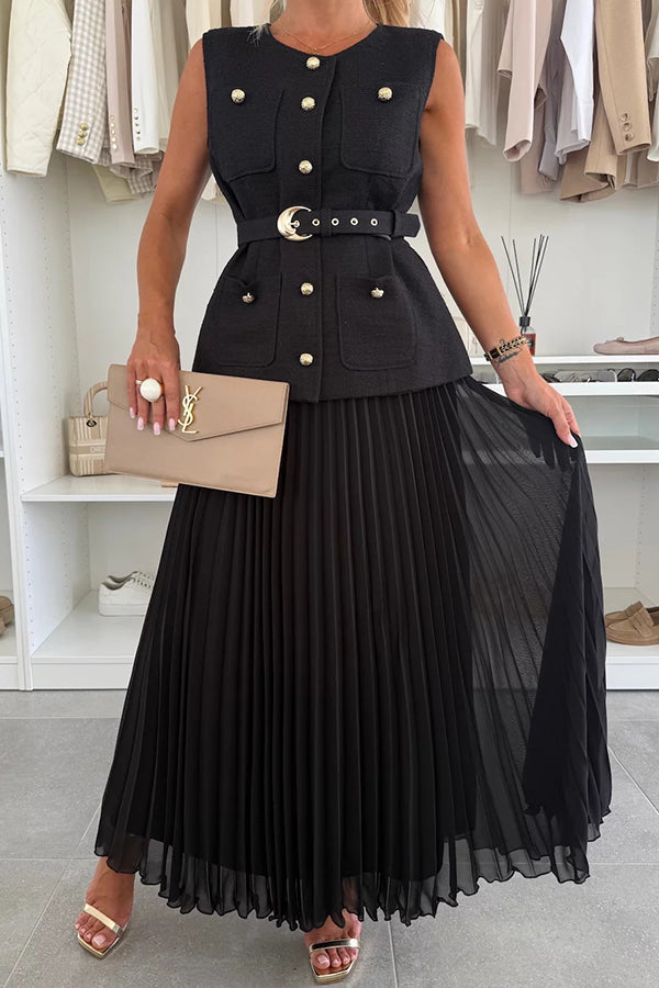 Relaxed and Elegant Round Neck Button Up Belted Pocket Loose Vest