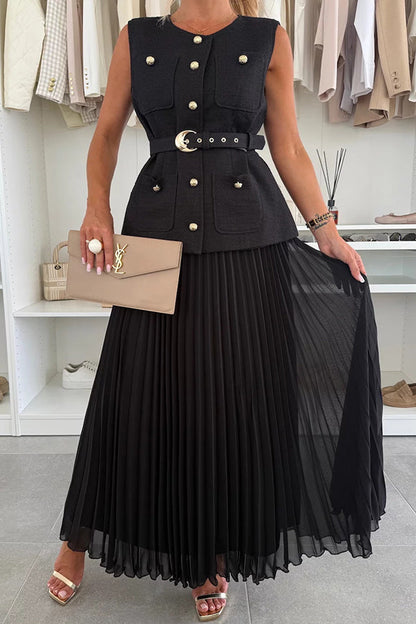Relaxed and Elegant Round Neck Button Up Belted Pocket Loose Vest