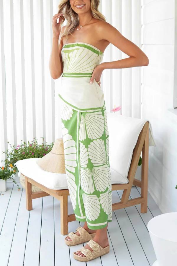 Strapless Shell Print Waist-Cinched Side Slit Maxi Dress