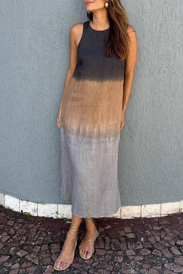 Gradient Tie Dye Sleeveless Linen Midi Dress Side Split Loose Casual Vacation Sundress