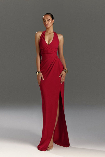 Halter Neck V-Slit Evening Wrap Dress