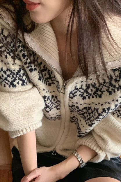 Ribbed Knit Fair Isle Zip Cardigan