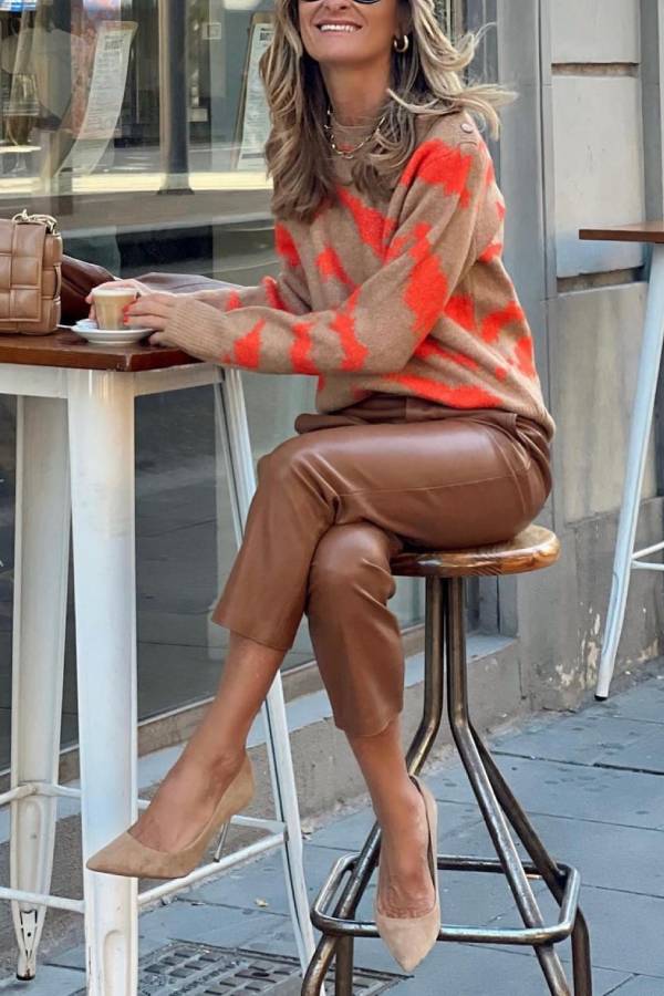 Camel and orange abstract jacquard sweater