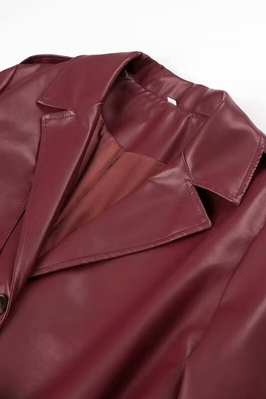 Long Leather Belted Blazer Overcoat
