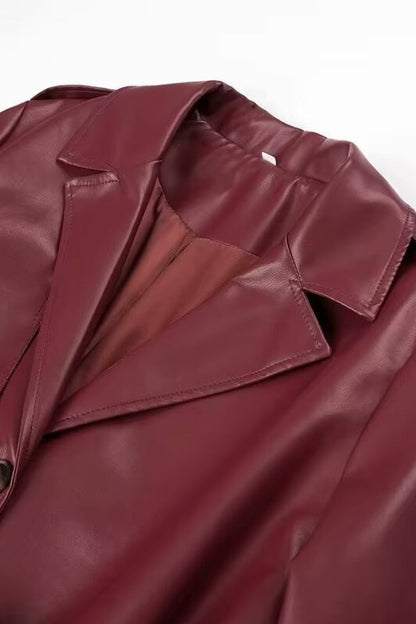 Long Leather Belted Blazer Overcoat