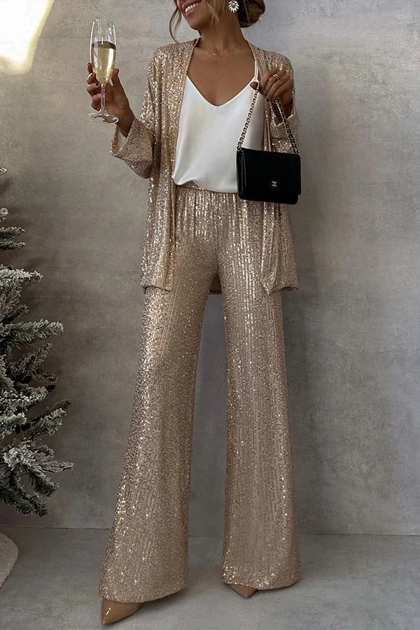Party Scene Sequin High Rise Elastic Waist Wide Leg Pants
