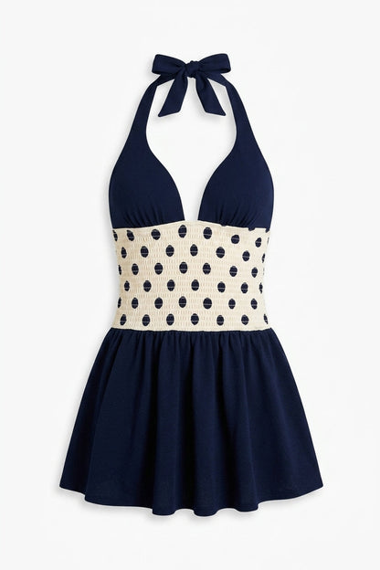 Polka Dot Ruched Halter Mini Dress