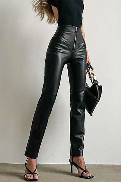 PU Leather Front Zipper Slim Fit Pants