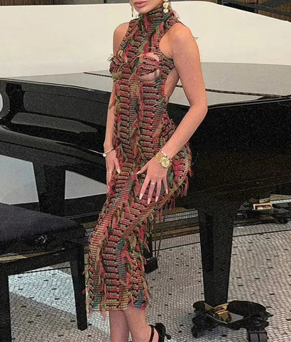 Halter Neck Bust Cut Out Tassel Fringe Knit Bodycon Maxi Dress