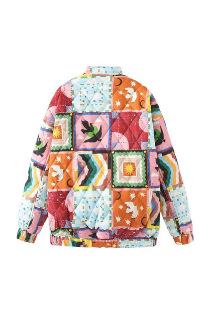 Art Printed Patchwork Quilted Bomber Padded Jacket