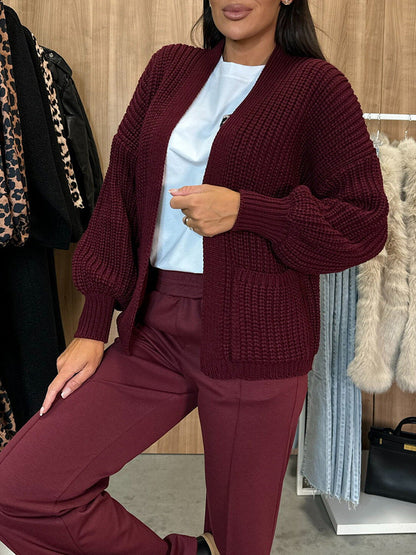 Solid Color V-neck Long-sleeved Casual Knitted Cardigan