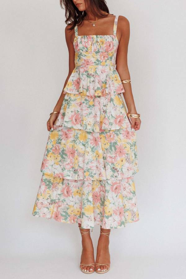 Floral Square Neck Cami Tiered Ruffle Maxi Dress