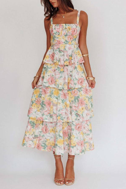 Floral Square Neck Cami Tiered Ruffle Maxi Dress