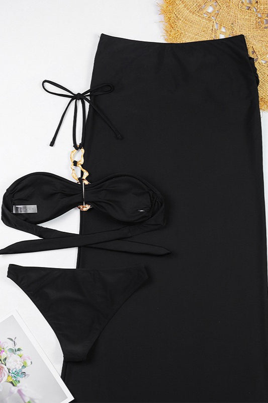 Solid Long Skirt Beach Three Piece Swim Set