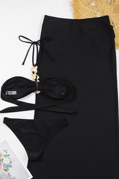 Solid Long Skirt Beach Three Piece Swim Set