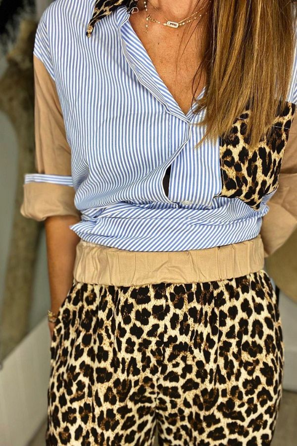 Solid Color Hollow Lace Lapel Short-sleeved Top and Elastic Waist Loose Pocket Pants Set
