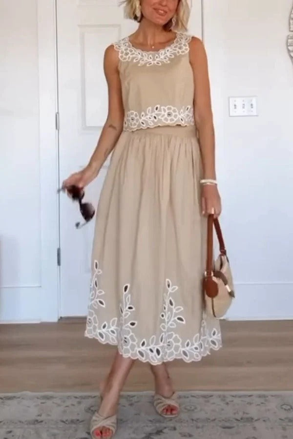 Vacation Season Floral Eyelet Poplin Tank and High Rise Elastic Waist Midi Skirt