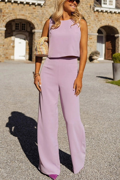 Modern and Elegant Solid Crop Tank and High Rise Flare Loose Pants Set