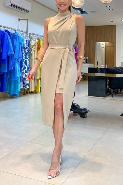 Elegant Stand Collar Fake Two-piece Tie-up Split Mid-length Dress