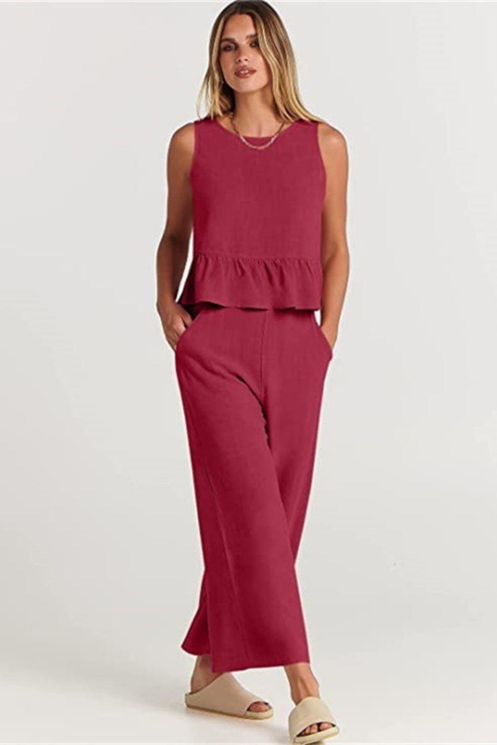 Ruffle Back Button Crop Two Piece Pants Set