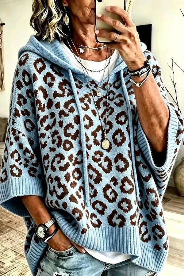 Comfortable and Casual Knit Leopard Print Half Sleeve Hoodie Sweater