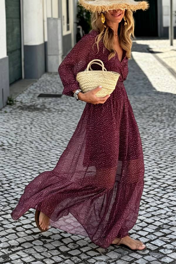 Burgundy Polka Dot V‑Neck Waisted Ruffle Maxi Dress
