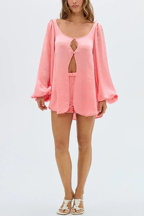 Alexis Satin Cutout Button Balloon Sleeve Shirt and Mid Waist Bow Detail Pocket Shorts Set