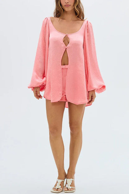 Alexis Satin Cutout Button Balloon Sleeve Shirt and Mid Waist Bow Detail Pocket Shorts Set