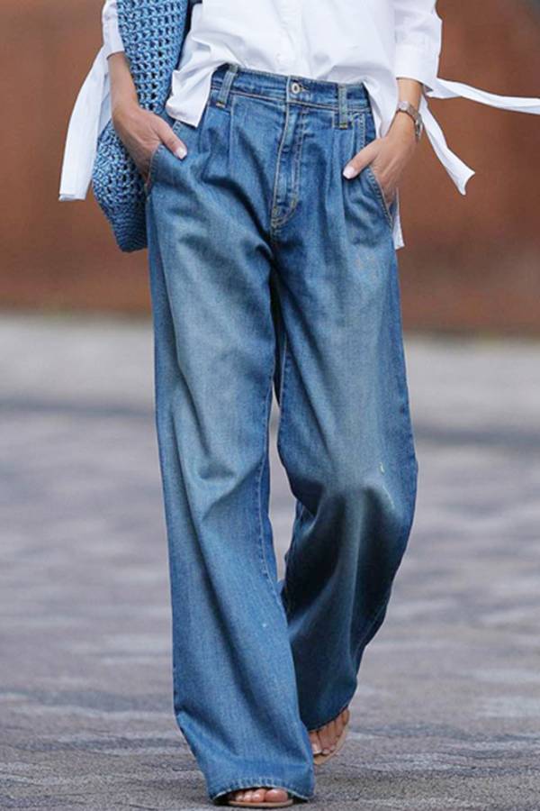 High‑Waisted Pleated Vintage Wide‑Leg Jeans