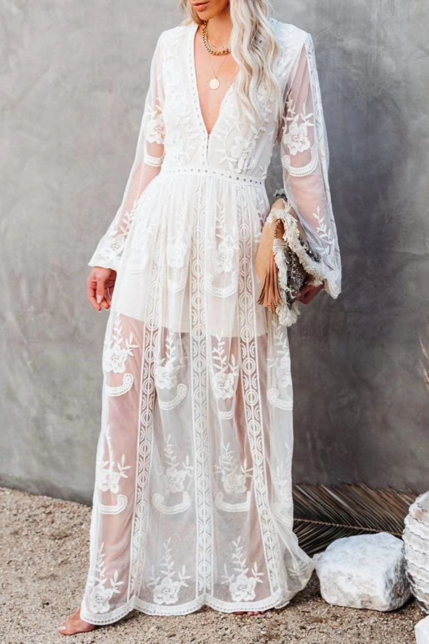 Embroidery V Neck Lace Maxi Boho Dress