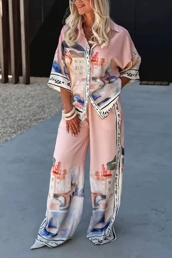Oil Painting Building Print Satin Shirt & Wide Leg Pants Vacation 2 Piece Set