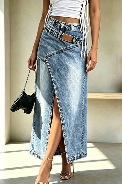 A Stylishly Layered Look Washed Denim High Rise Slit Maxi Skirt