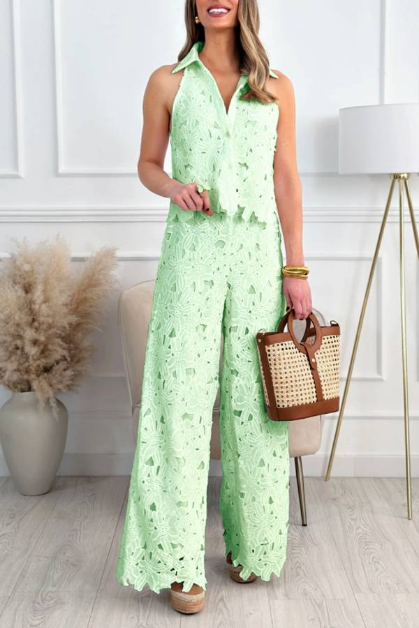 Halter Collared Lace Cut-Out Wide-Leg Pants Set