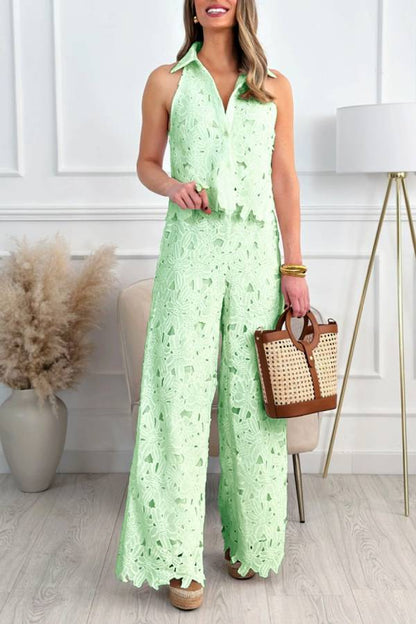 Halter Collared Lace Cut-Out Wide-Leg Pants Set
