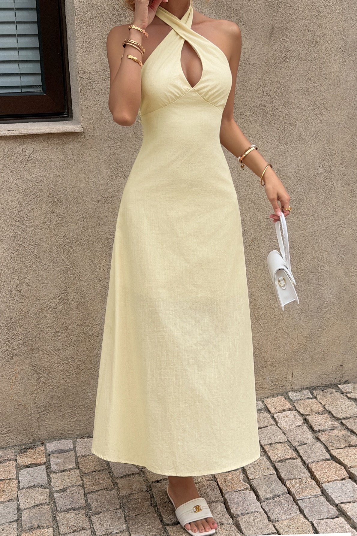 Crisscross Halter Fitted Waist Maxi Dress