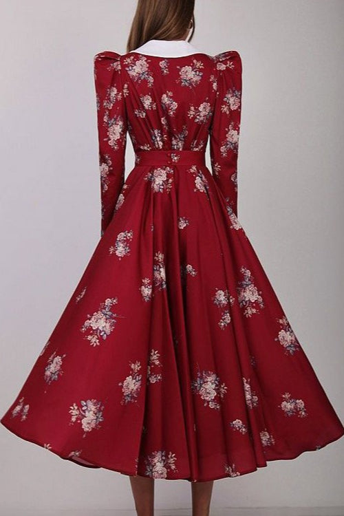 Flared Vintage Print Slim Waist Floral Maxi Dress