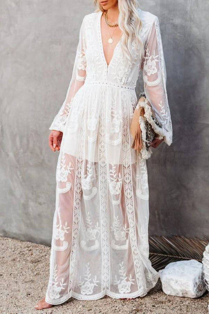 Deep V Lace Embroidered Sheer Maxi Dress