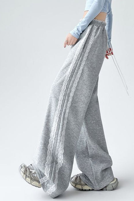 Lace Panel Athletic Wide Leg High Waist Pants