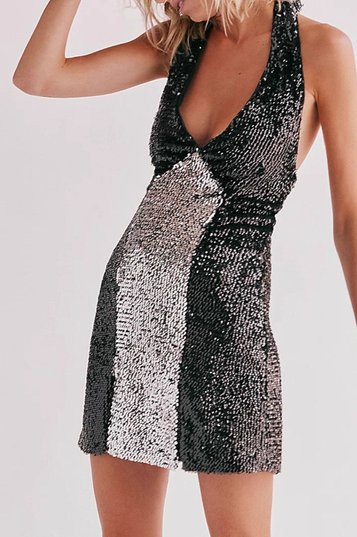 Party V Neck Spaghetti Backless Sequin Dress