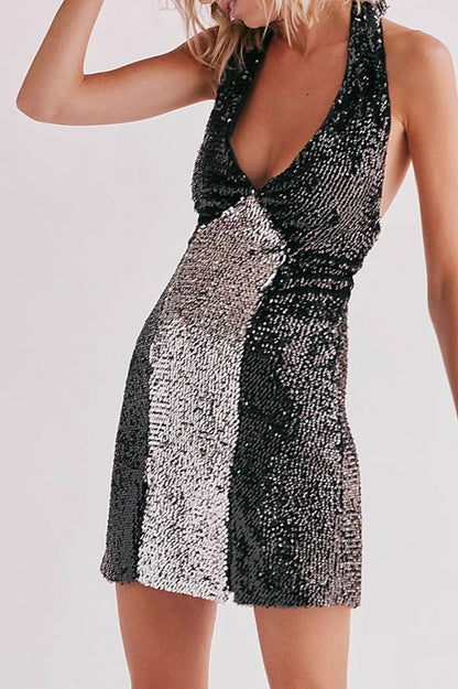 Party V Neck Spaghetti Backless Sequin Dress