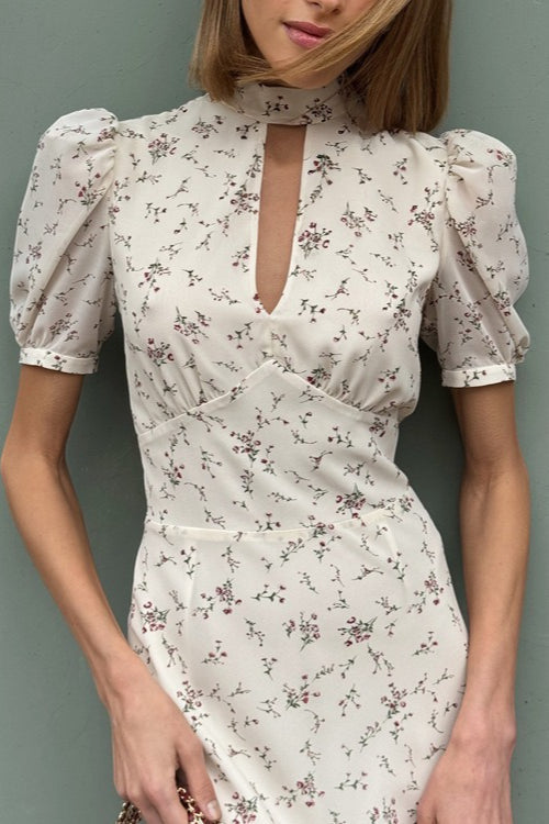 Cutout Stand Collar Puff Sleeve Floral Dress