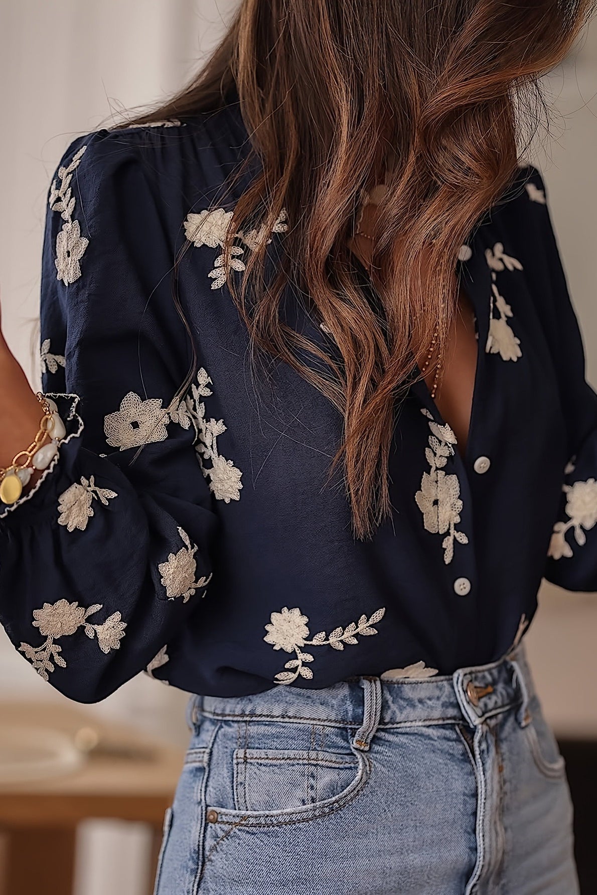 Printed Collared Lantern Sleeve Elegant Long Sleeve Blouse