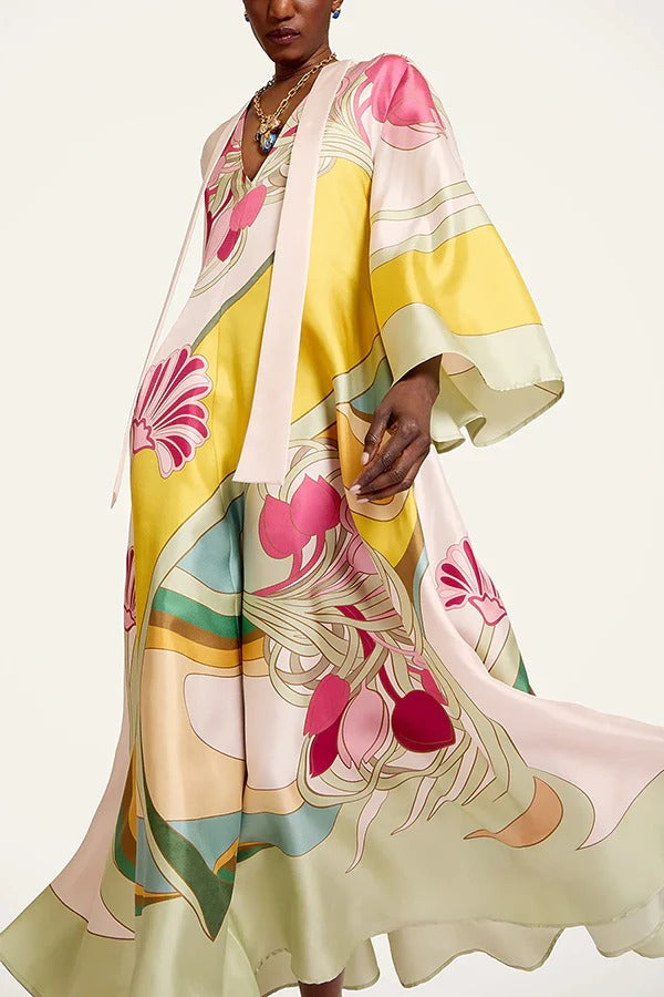 Darla Satin Colorful Baroque Style Printed Tie-up Neck Bell Sleeve Maxi Dress