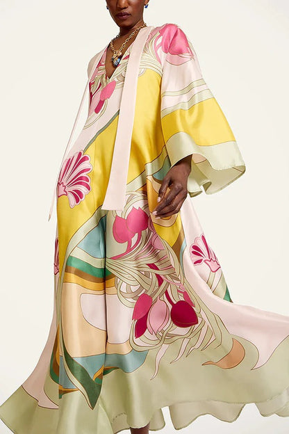 Darla Satin Colorful Baroque Style Printed Tie-up Neck Bell Sleeve Maxi Dress