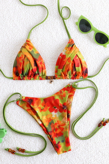Orange Push Up Resin Bead Triangle Bikini Set
