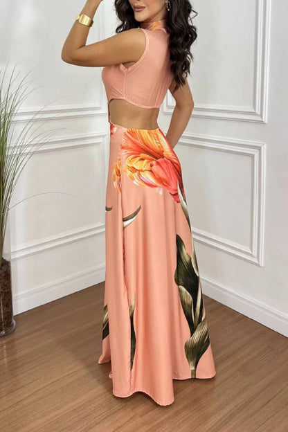 Bettie Printed High Neck Square Buckle Cutout Waist Maxi Dress