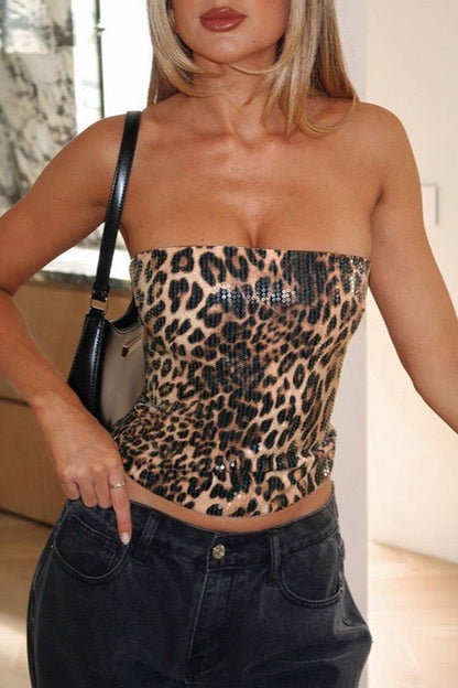 Leopard Sequin Bustier Tube Top