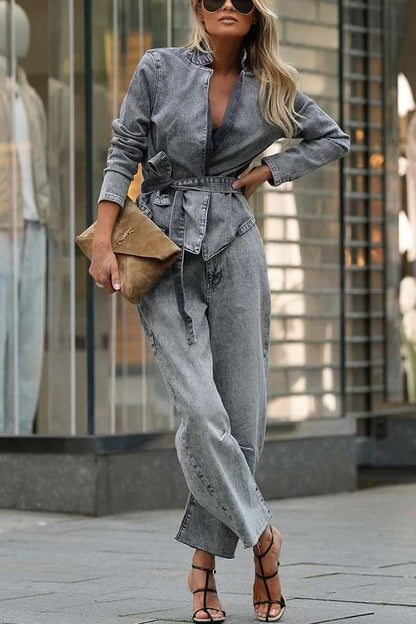 Casual Meetup Denim Stand Neck Long Sleeve Belted Loose Jacket