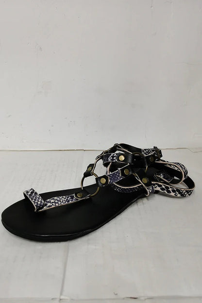 Stylish Round-toe Sandals Featuring A Snakeskin Print and Crisscross Straps.