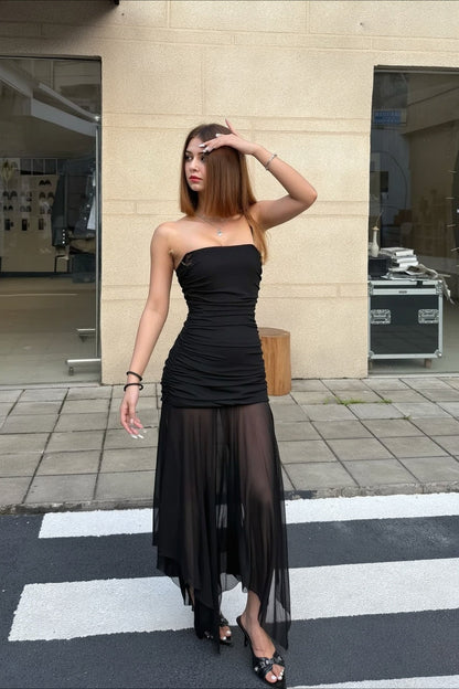 Solid Strapless Mesh Panel Party Dress